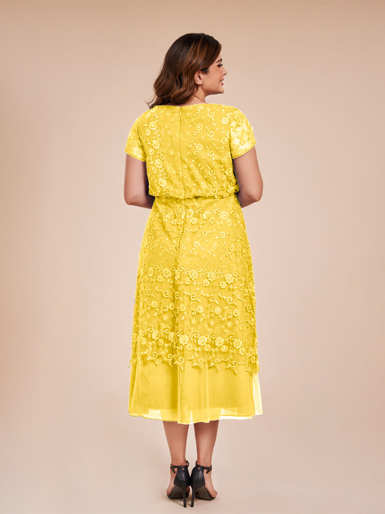 A Line Short Sleeves Tea Length Mother of the Groom Dress