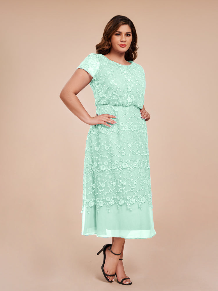 A Line Short Sleeves Tea Length Mother of the Groom Dress