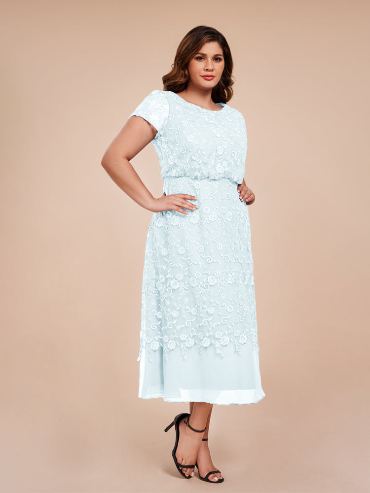 A Line Short Sleeves Tea Length Mother of the Groom Dress