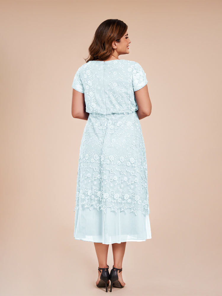 A Line Short Sleeves Tea Length Mother of the Groom Dress