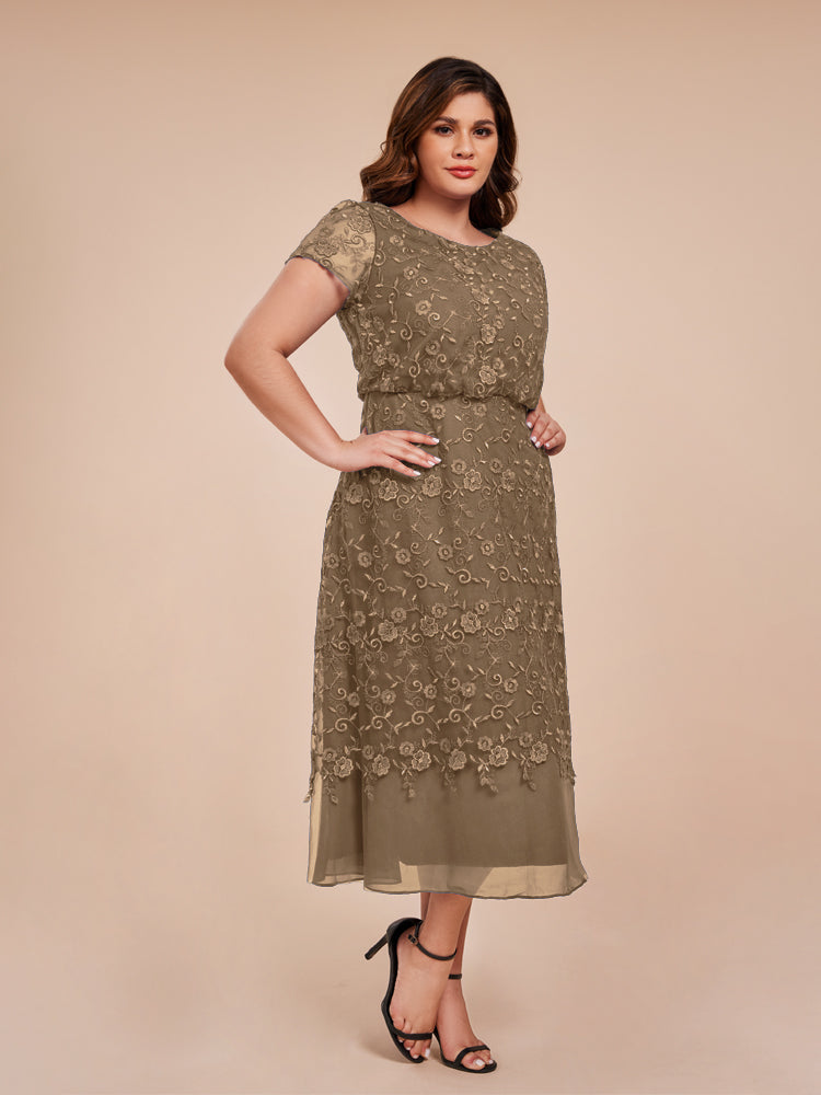 A Line Short Sleeves Tea Length Mother of the Groom Dress