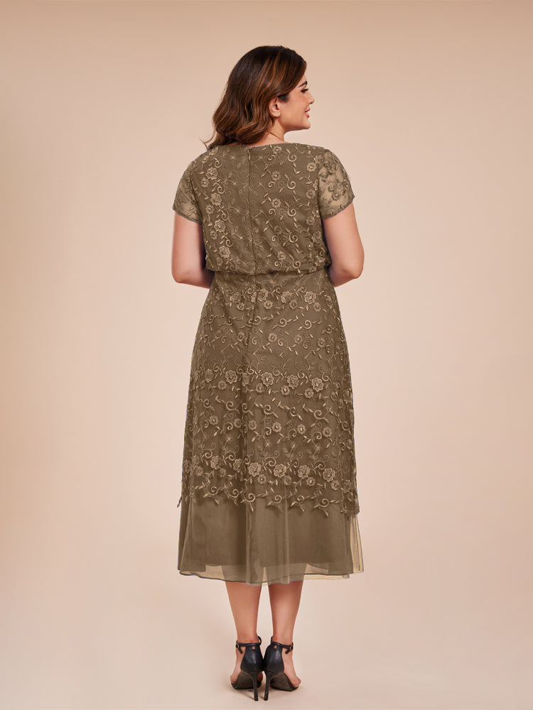 A Line Short Sleeves Tea Length Mother of the Groom Dress