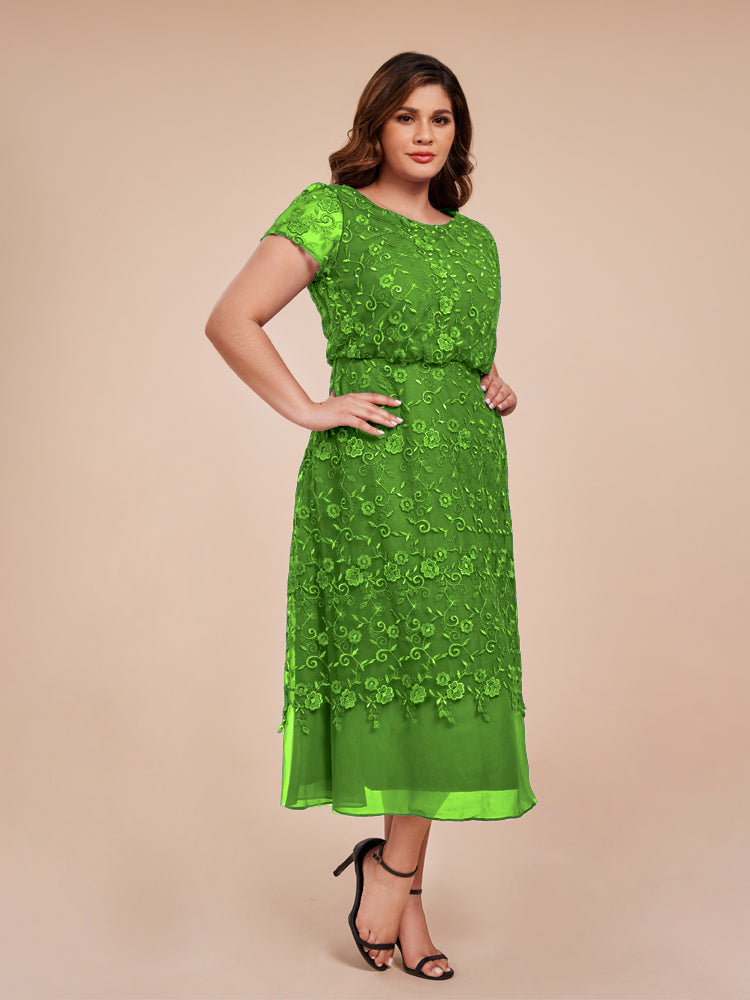 A Line Short Sleeves Tea Length Mother of the Groom Dress