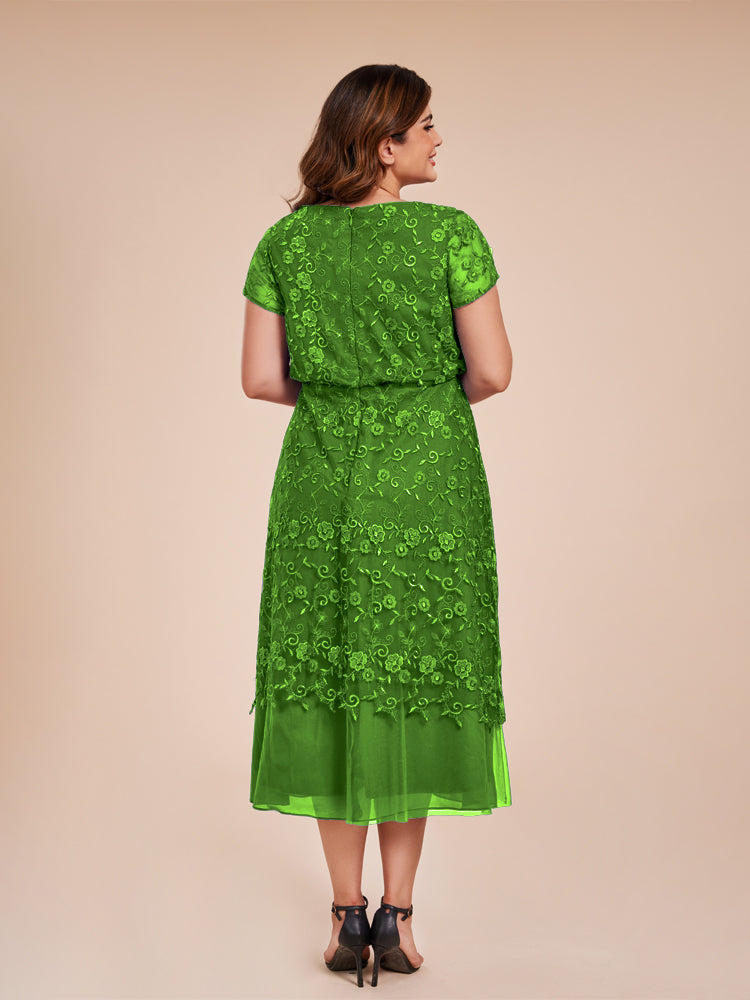 A Line Short Sleeves Tea Length Mother of the Groom Dress