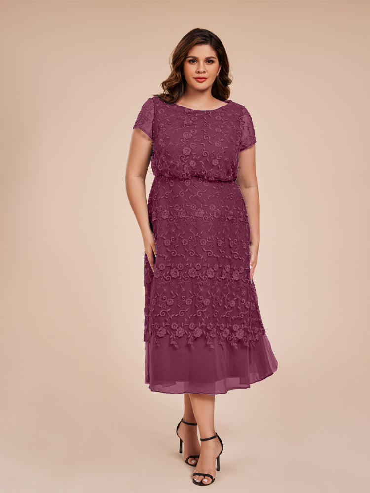 A Line Short Sleeves Tea Length Mother of the Groom Dress
