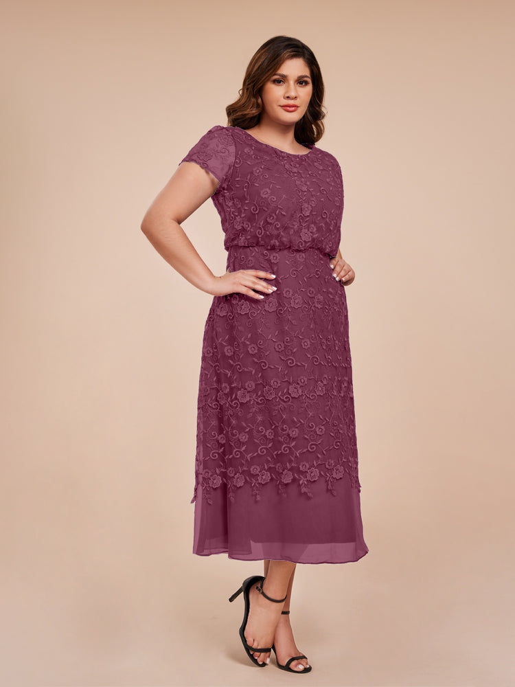 A Line Short Sleeves Tea Length Mother of the Groom Dress