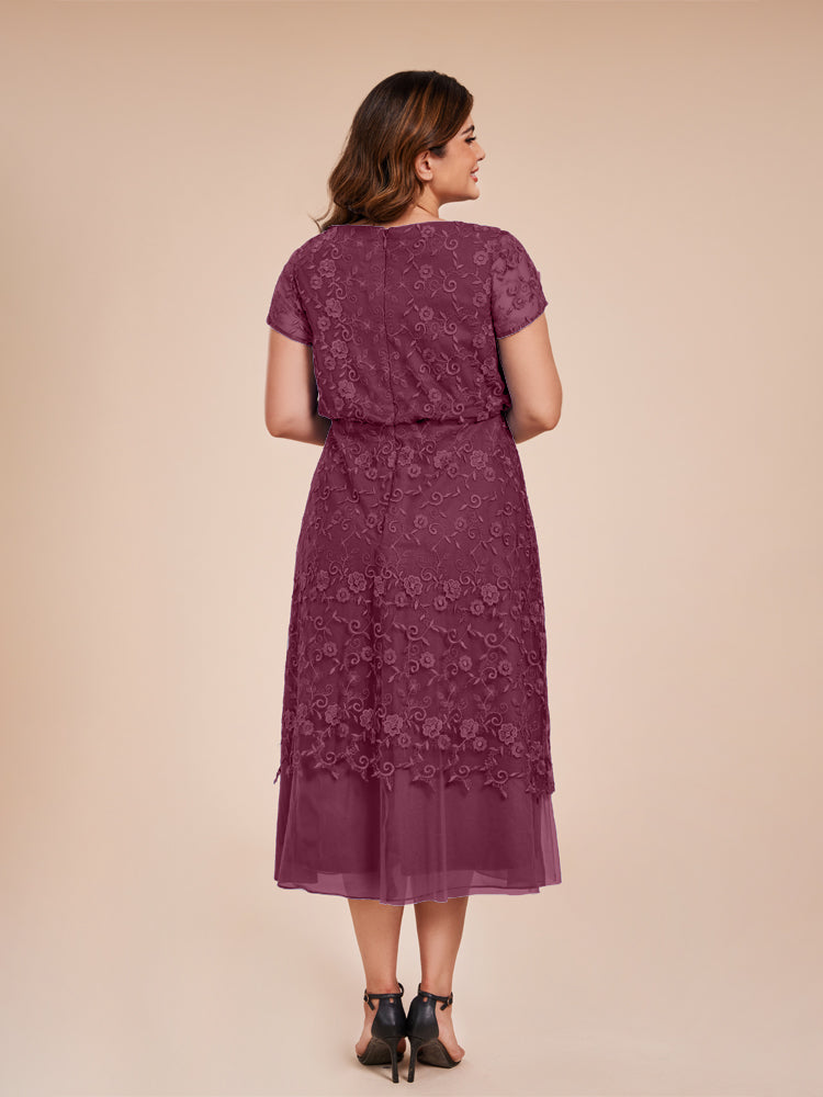 A Line Short Sleeves Tea Length Mother of the Groom Dress