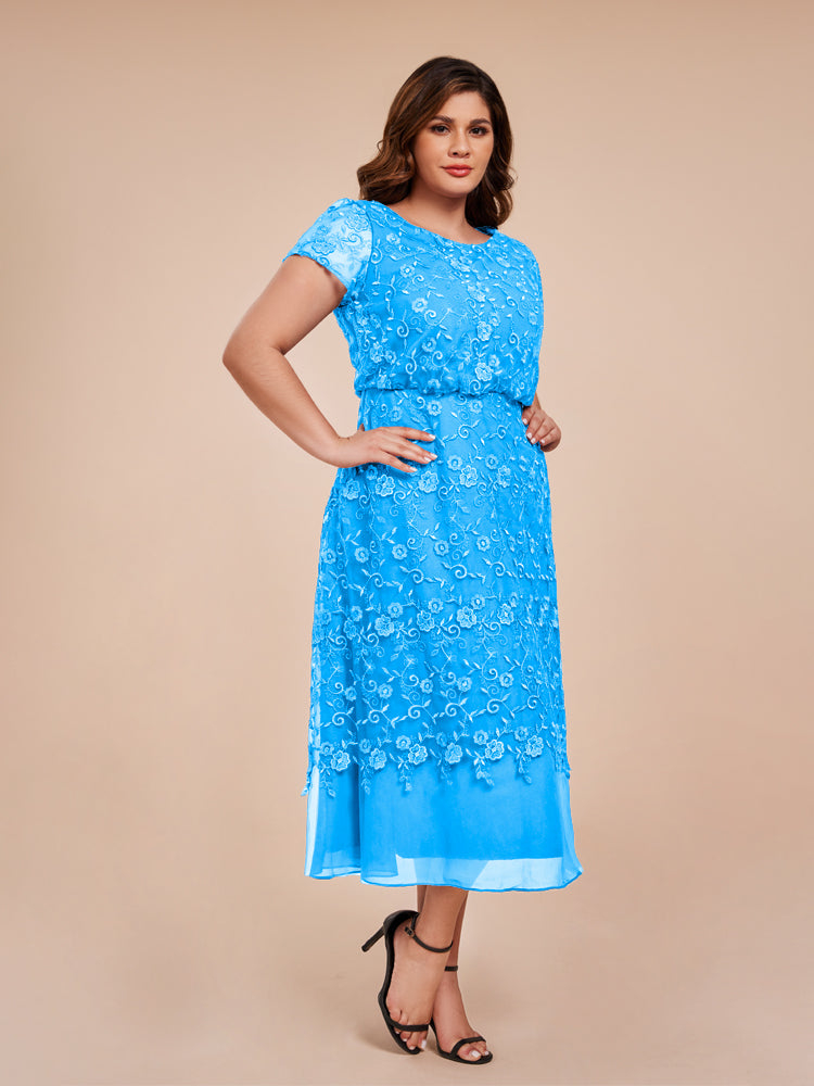 A Line Short Sleeves Tea Length Mother of the Groom Dress