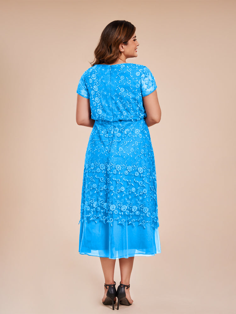 A Line Short Sleeves Tea Length Mother of the Groom Dress