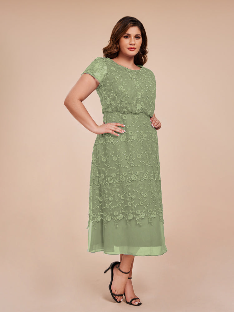 A Line Short Sleeves Tea Length Mother of the Groom Dress