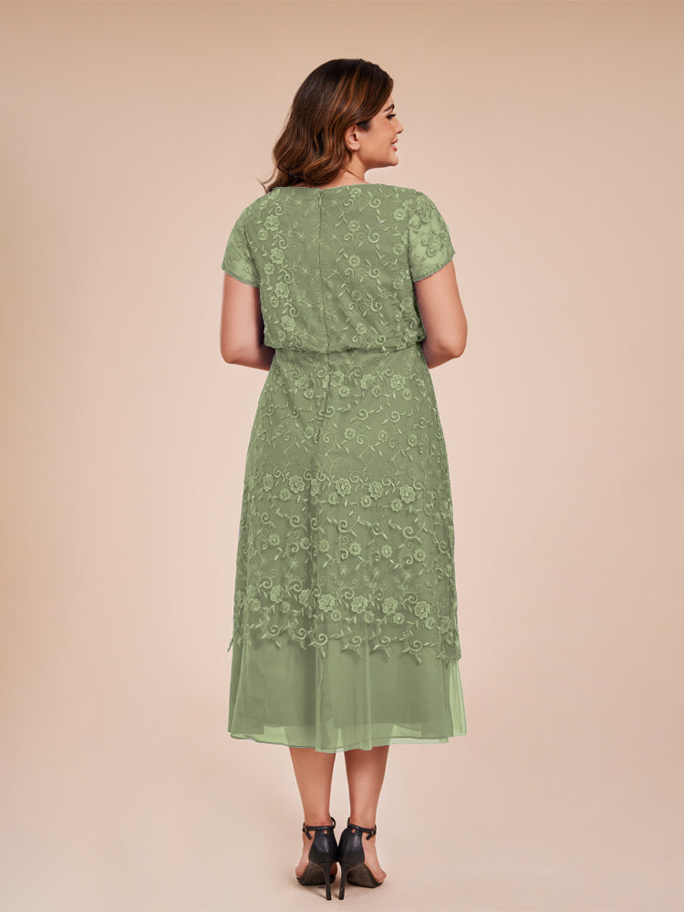 A Line Short Sleeves Tea Length Mother of the Groom Dress