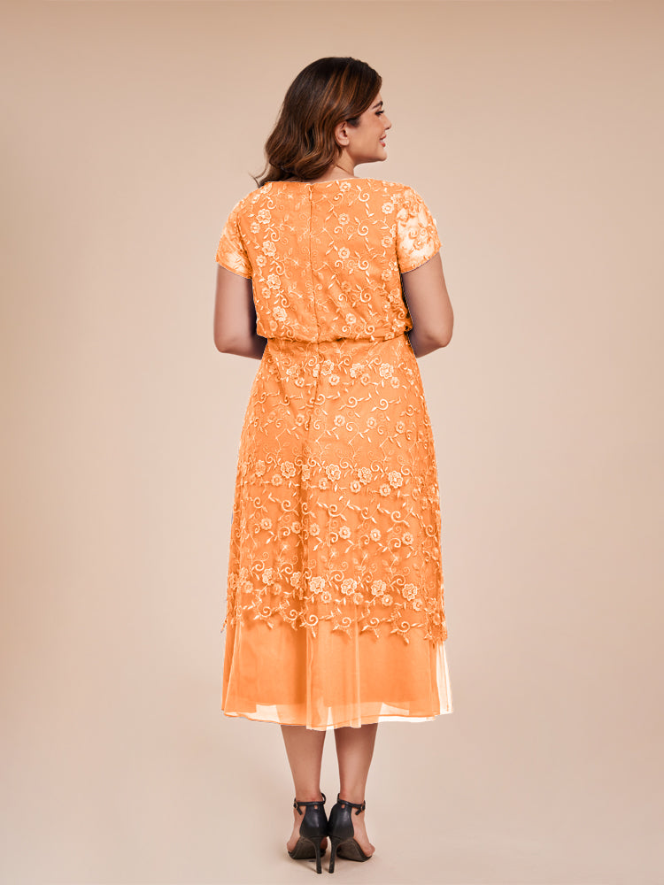 A Line Short Sleeves Tea Length Mother of the Groom Dress