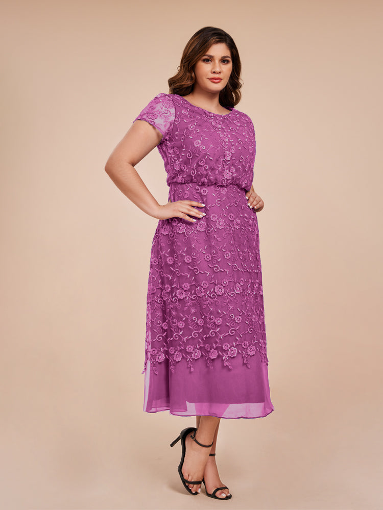 A Line Short Sleeves Tea Length Mother of the Groom Dress