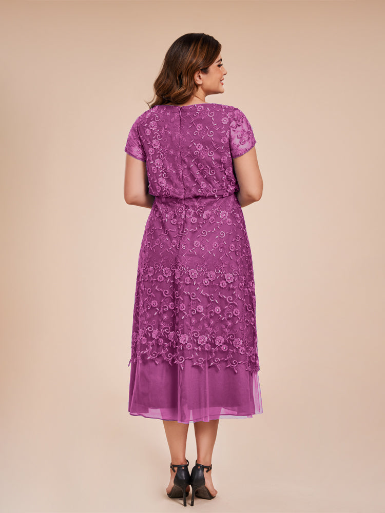 A Line Short Sleeves Tea Length Mother of the Groom Dress