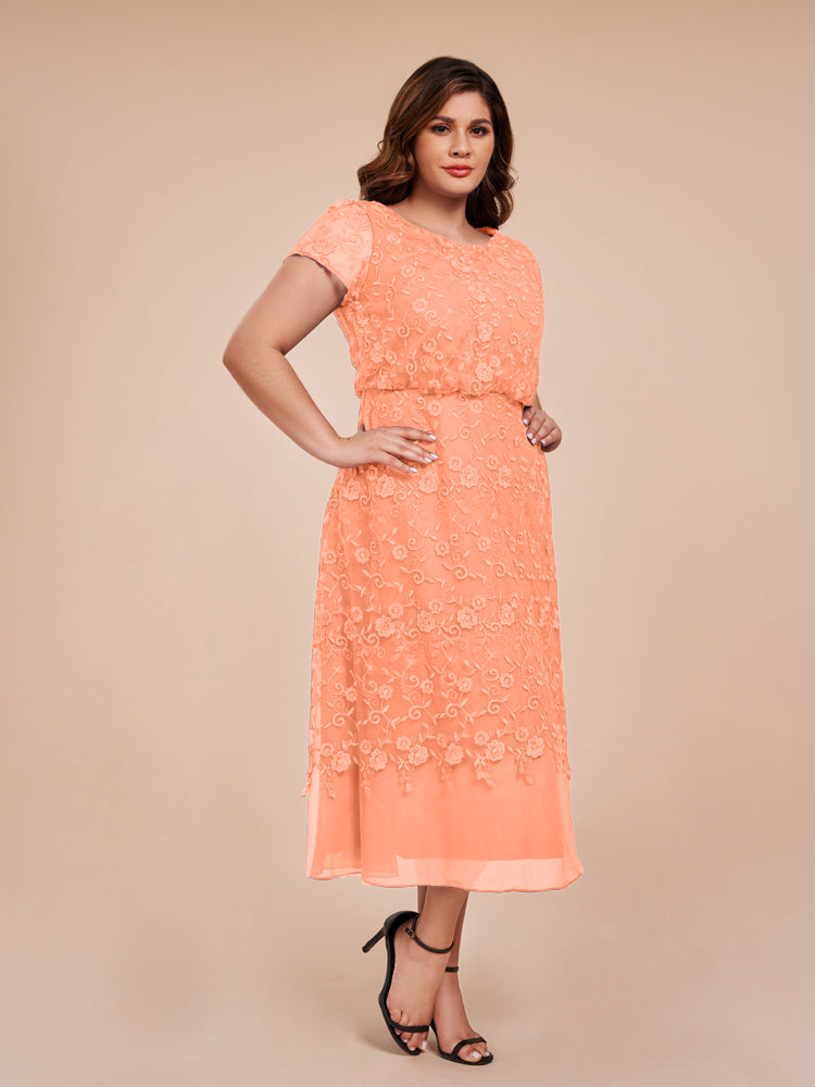 A Line Short Sleeves Tea Length Mother of the Groom Dress