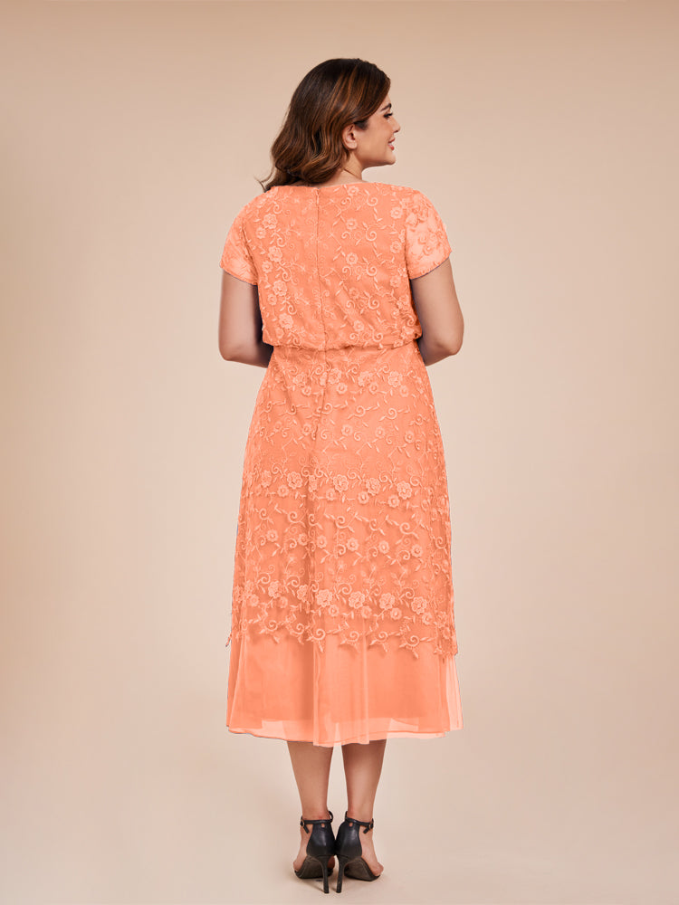 A Line Short Sleeves Tea Length Mother of the Groom Dress