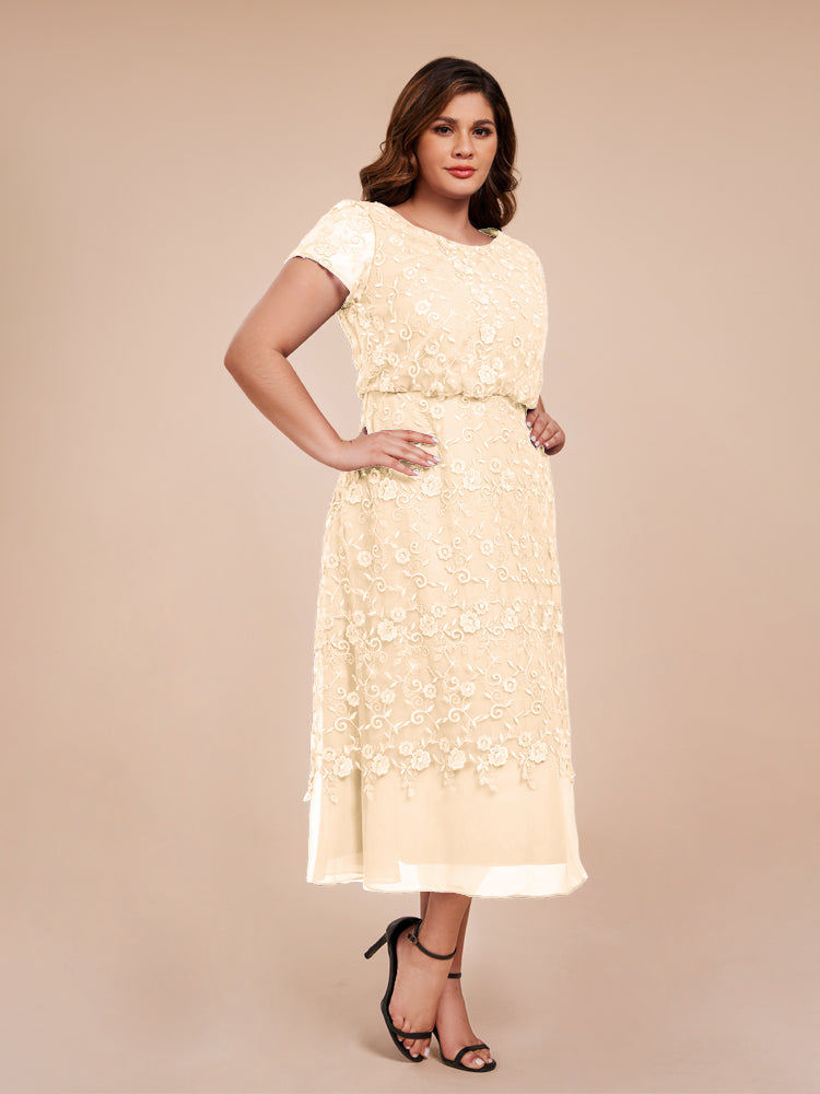 A Line Short Sleeves Tea Length Mother of the Groom Dress