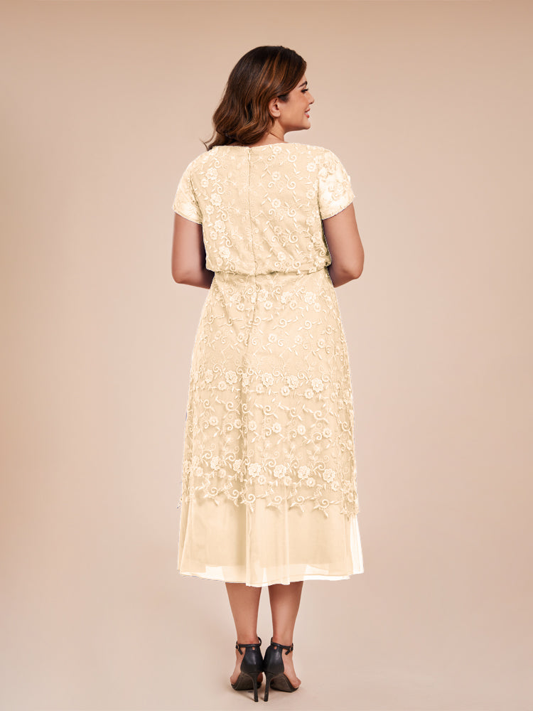 A Line Short Sleeves Tea Length Mother of the Groom Dress