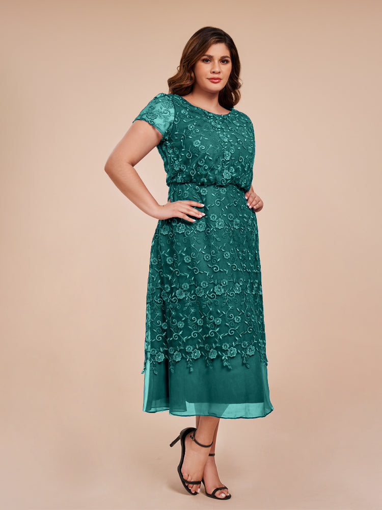A Line Short Sleeves Tea Length Mother of the Groom Dress