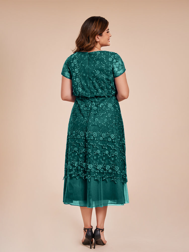 A Line Short Sleeves Tea Length Mother of the Groom Dress