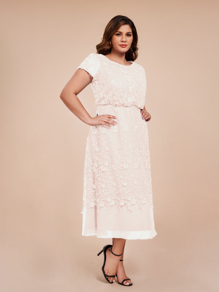 A Line Short Sleeves Tea Length Mother of the Groom Dress