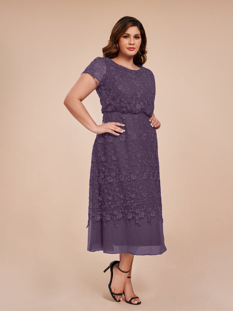A Line Short Sleeves Tea Length Mother of the Groom Dress