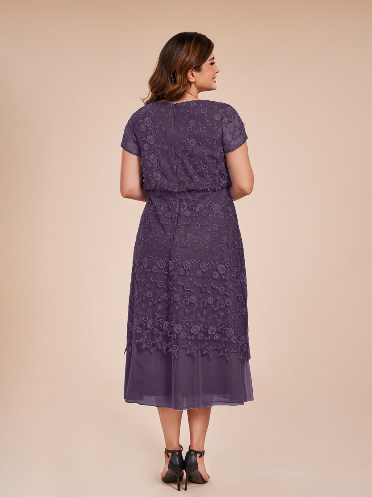 A Line Short Sleeves Tea Length Mother of the Groom Dress
