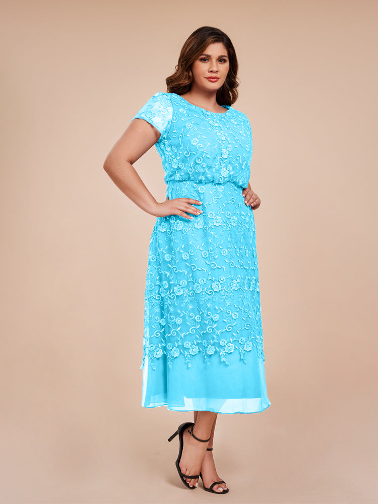 A Line Short Sleeves Tea Length Mother of the Groom Dress
