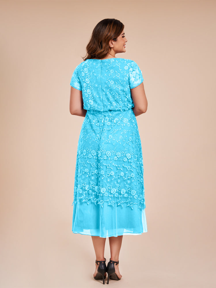 A Line Short Sleeves Tea Length Mother of the Groom Dress