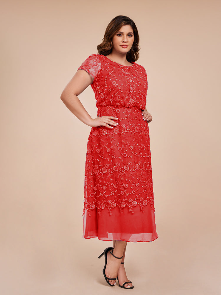 A Line Short Sleeves Tea Length Mother of the Bride Dress
