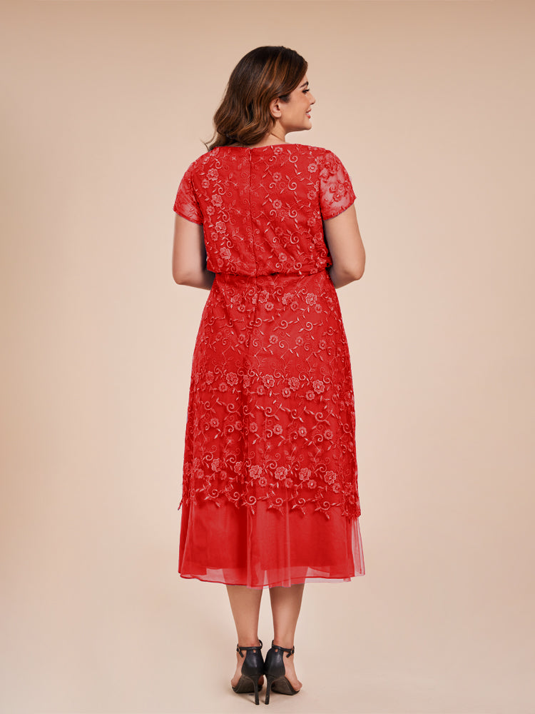 A Line Short Sleeves Tea Length Mother of the Groom Dress