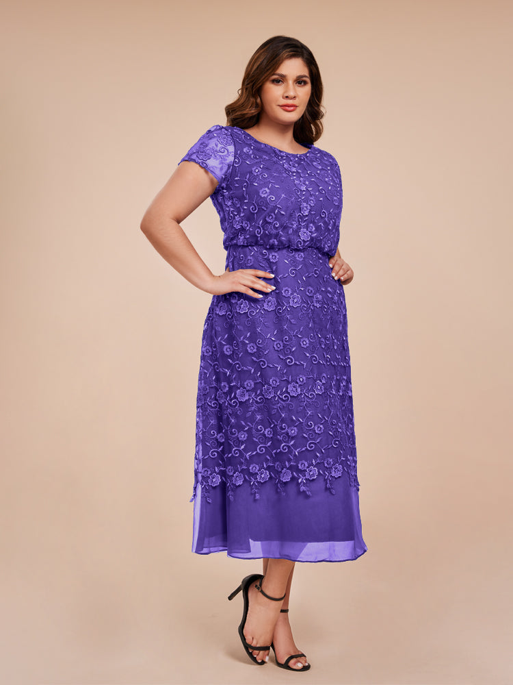 A Line Short Sleeves Tea Length Mother of the Groom Dress