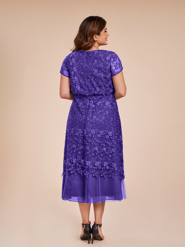 A Line Short Sleeves Tea Length Mother of the Groom Dress