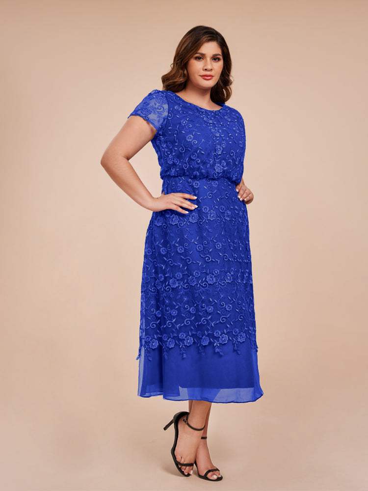 A Line Short Sleeves Tea Length Mother of the Groom Dress