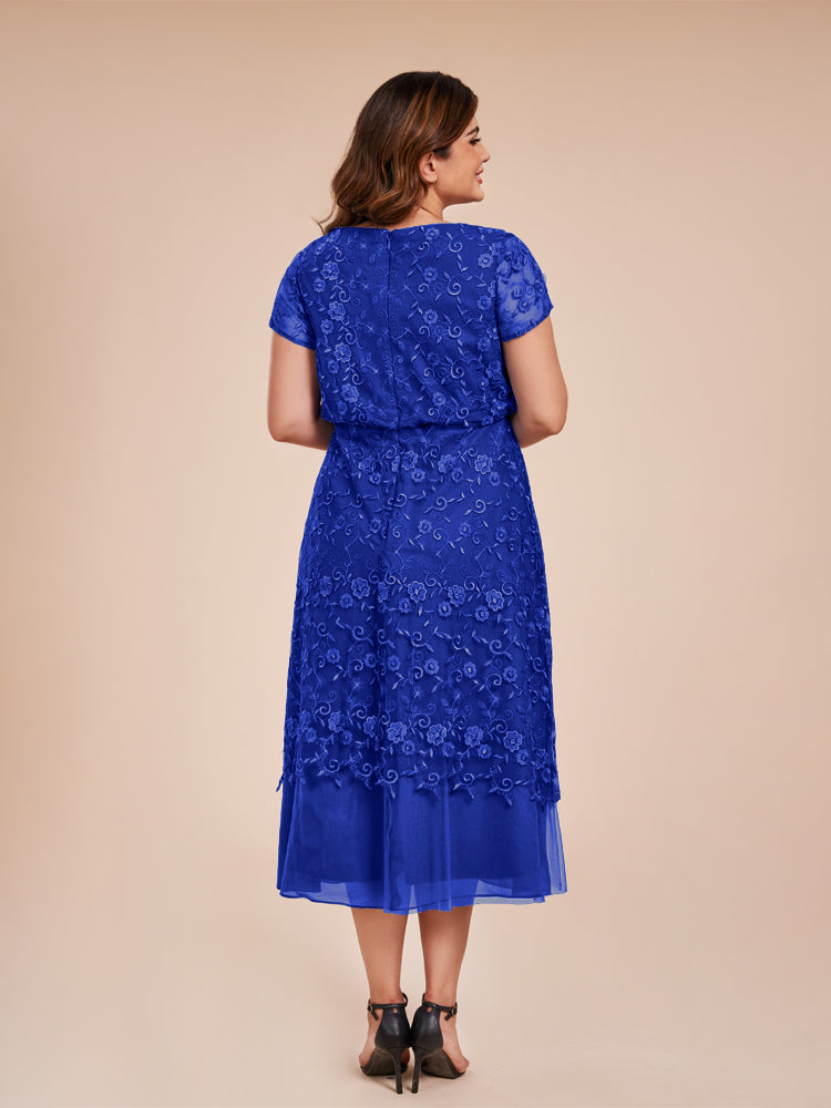 A Line Short Sleeves Tea Length Mother of the Groom Dress