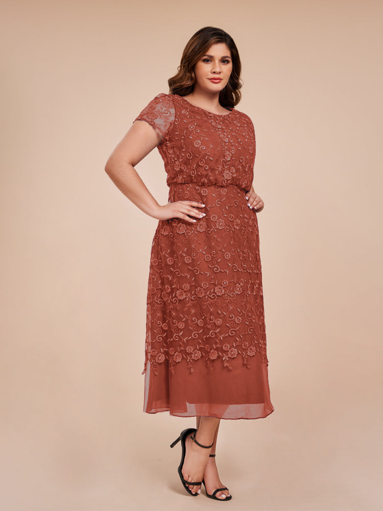 A Line Short Sleeves Tea Length Mother of the Groom Dress