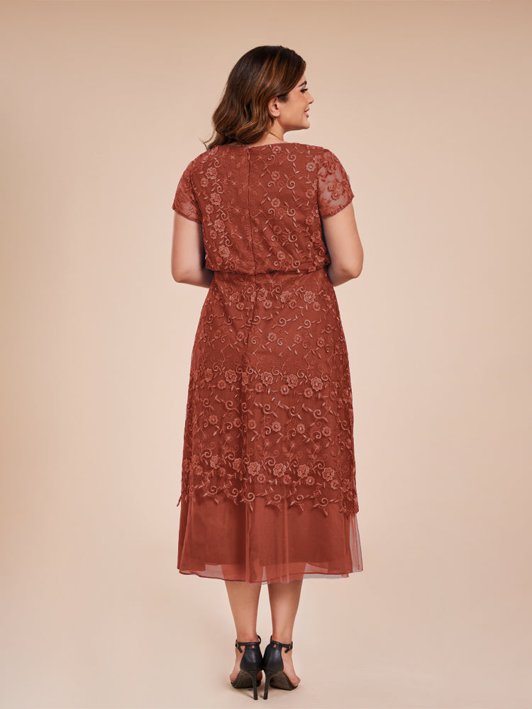 A Line Short Sleeves Tea Length Mother of the Groom Dress