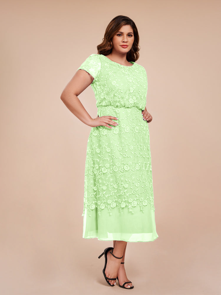 A Line Short Sleeves Tea Length Mother of the Groom Dress