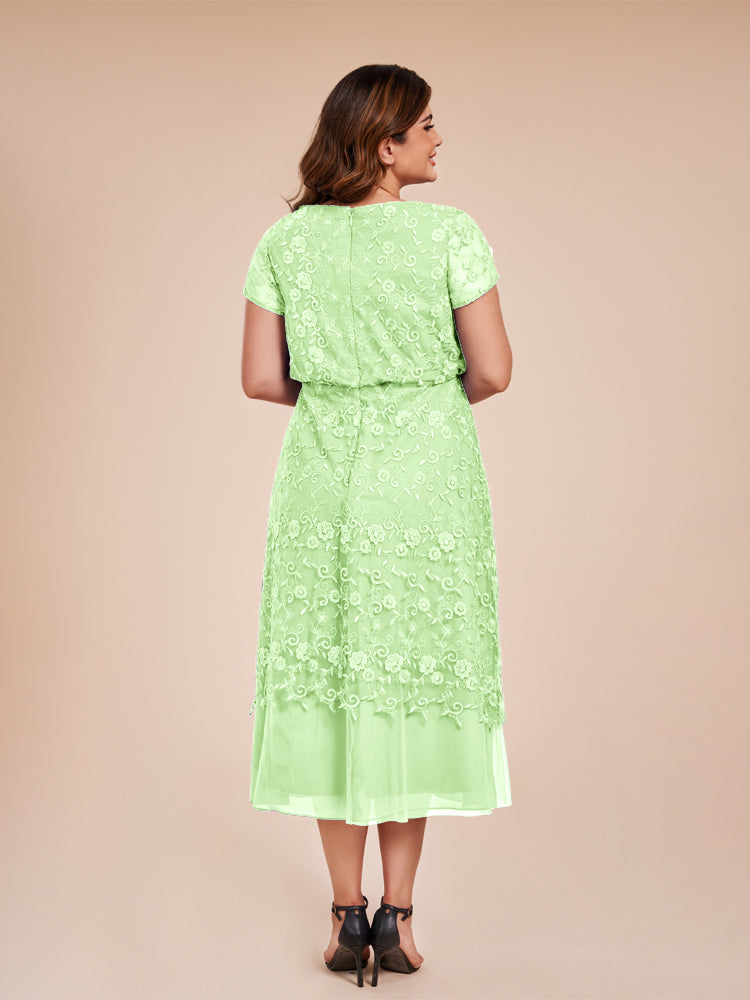 A Line Short Sleeves Tea Length Mother of the Groom Dress