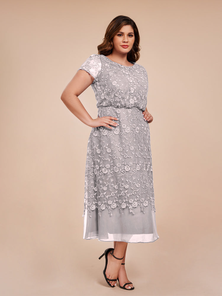 A Line Short Sleeves Tea Length Mother of the Groom Dress