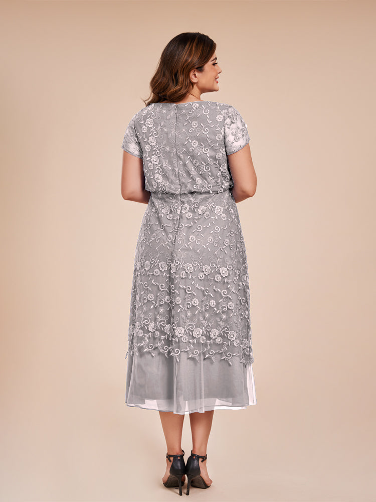 A Line Short Sleeves Tea Length Mother of the Groom Dress