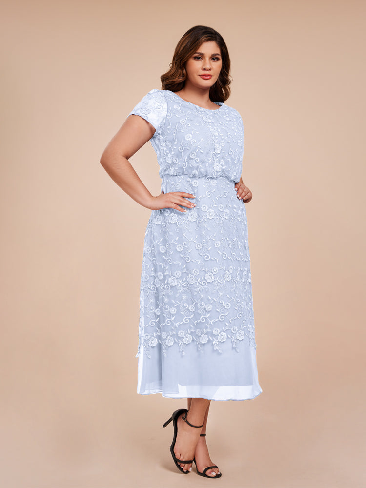 A Line Short Sleeves Tea Length Mother of the Groom Dress