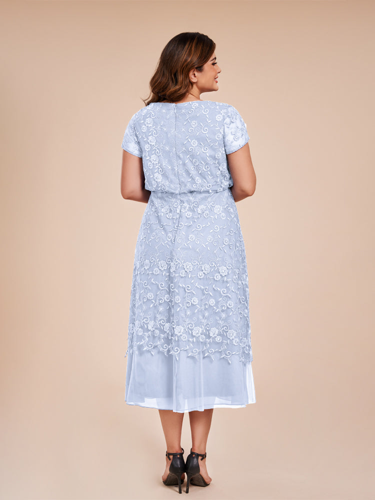 A Line Short Sleeves Tea Length Mother of the Groom Dress