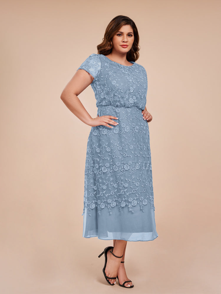A Line Short Sleeves Tea Length Mother of the Groom Dress