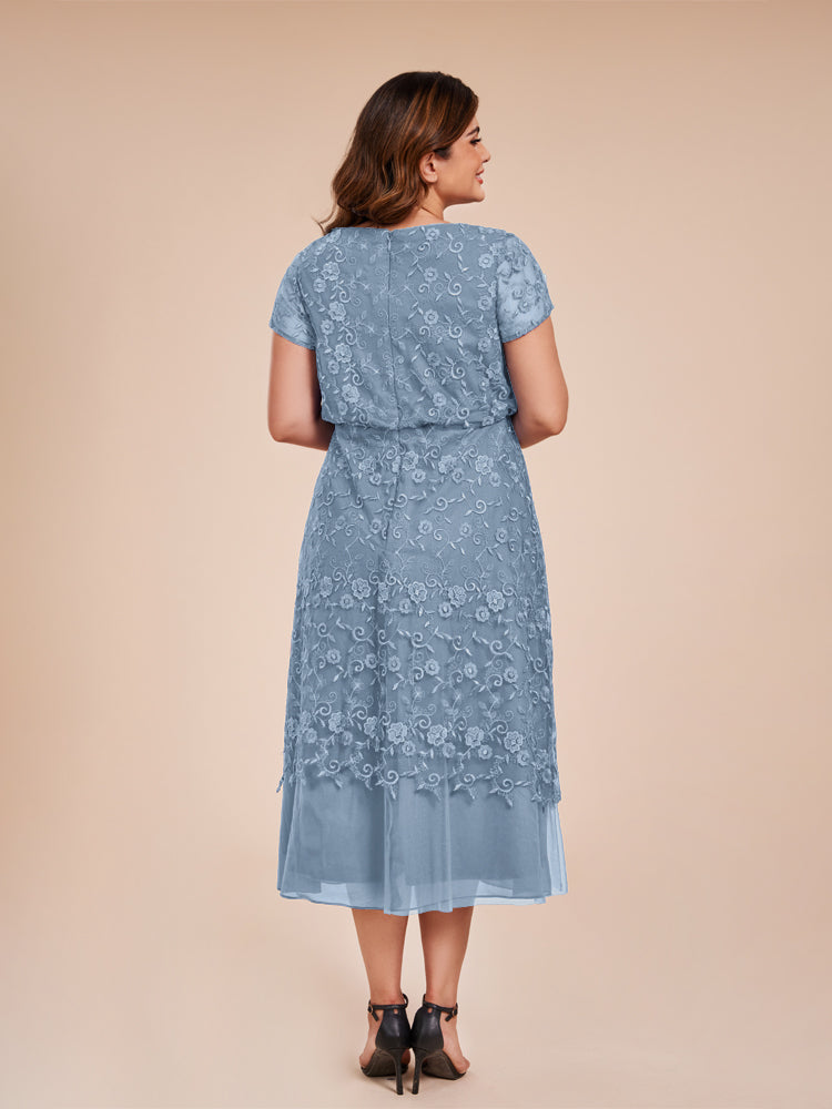 A Line Short Sleeves Tea Length Mother of the Groom Dress