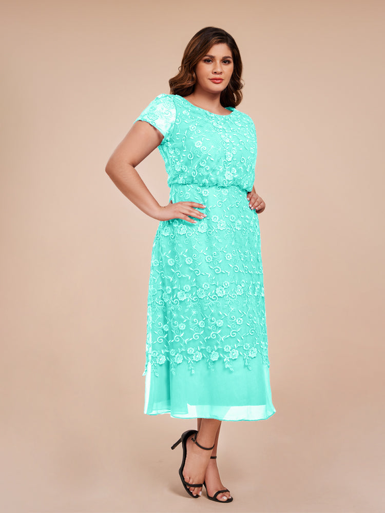 A Line Short Sleeves Tea Length Mother of the Groom Dress