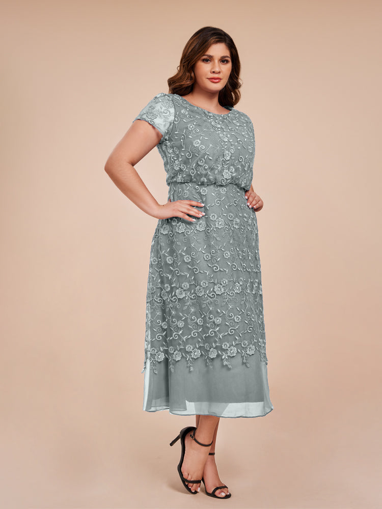 A Line Short Sleeves Tea Length Mother of the Groom Dress