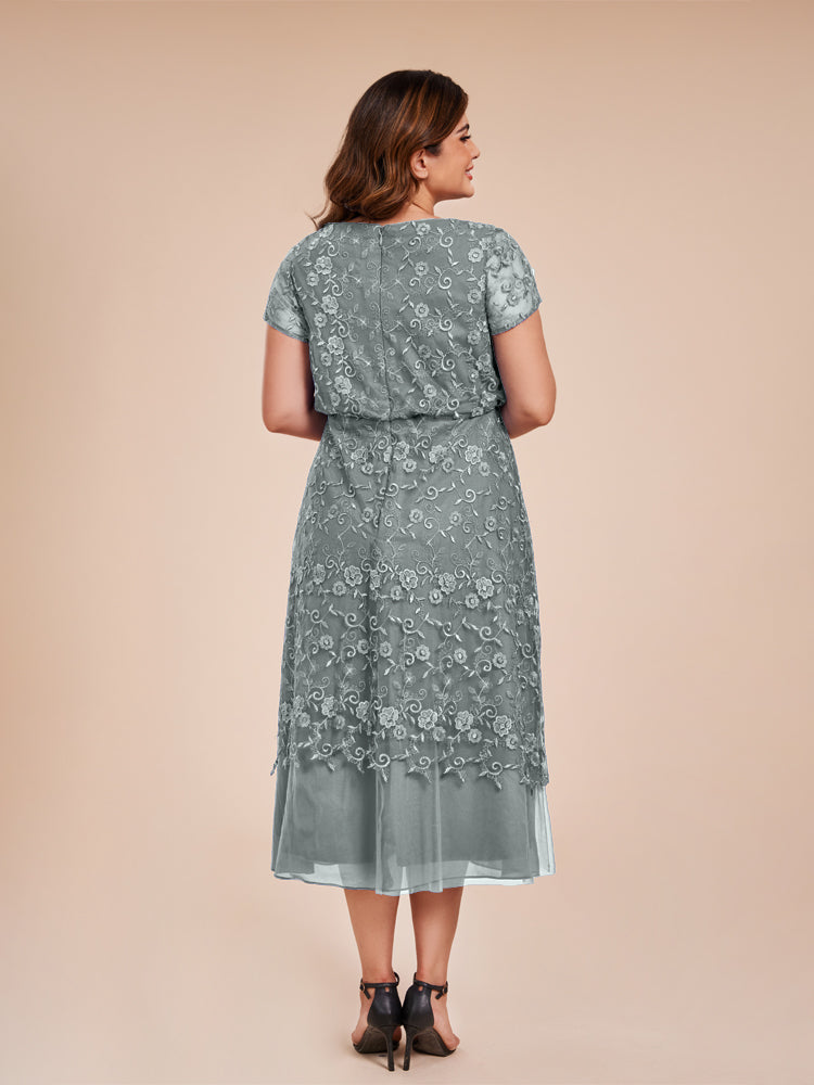 A Line Short Sleeves Tea Length Mother of the Groom Dress