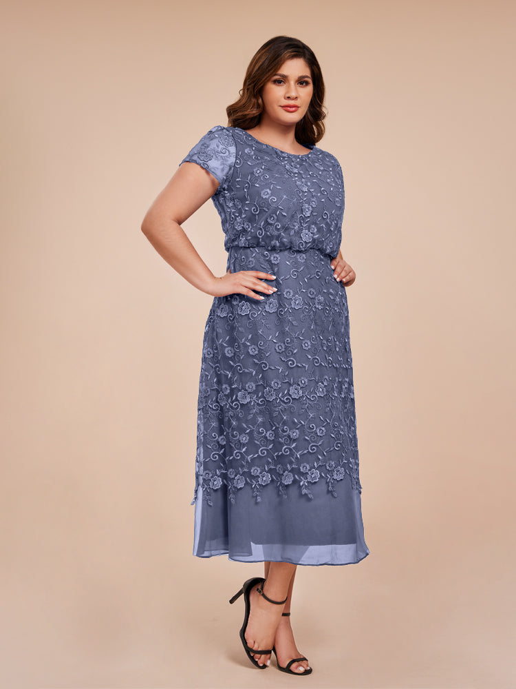 A Line Short Sleeves Tea Length Mother of the Groom Dress