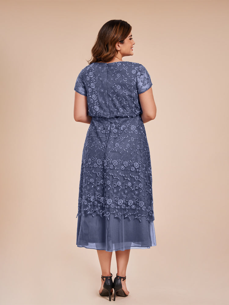 A Line Short Sleeves Tea Length Mother of the Groom Dress